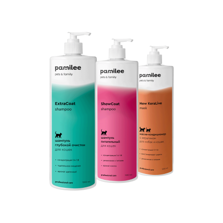 New Coat 1 / Набор для кошек с кератиновой маской / ExtraCoat 1 л + ShowCoat 1 л + New Keralive 1 л